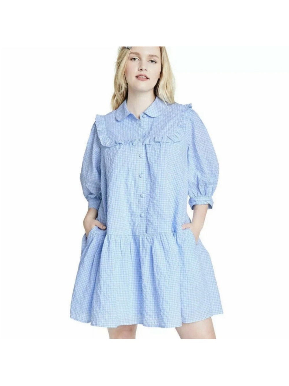SANDY LIANG X TARGET Blue White Gingham Peter Pan Collar Ruffle Baby Doll Dress